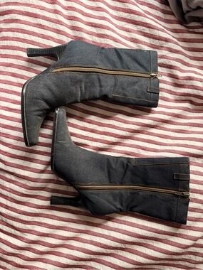 Le Chateau Black Denim Mid-Calf Heeled Boots with Side Zip
